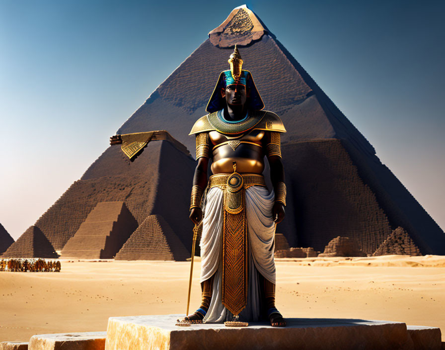 Ancient Egyptian Pharaoh in traditional regalia at Great Pyramids