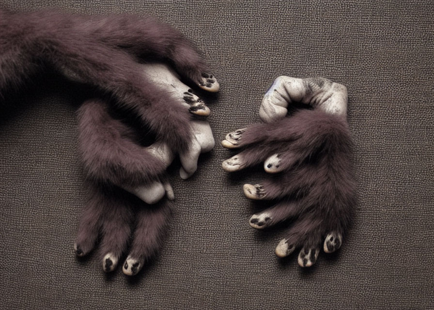 Four Monkey Paws on Textured Fabric with Varied Fur Shades