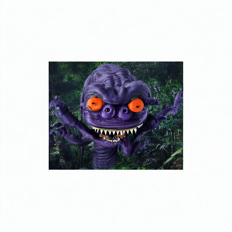 Purple animated monster with sharp teeth in lush green jungle