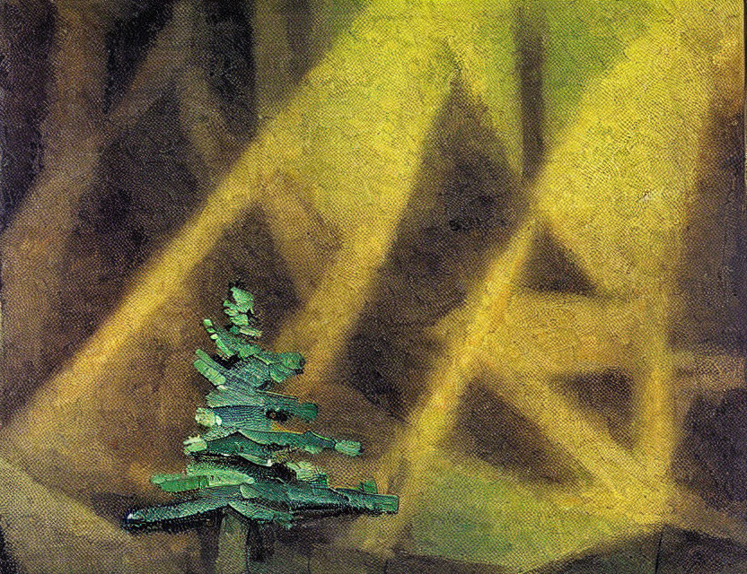 Textured green tree in abstract painting with angular yellow and brown shapes