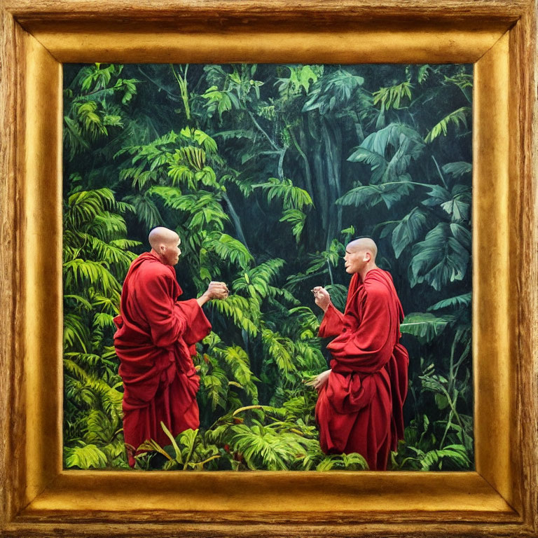 Monks in red robes exchanging plant stem in lush green jungle setting