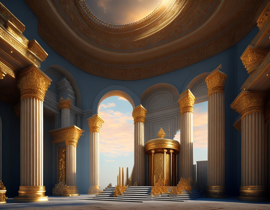 Luxurious Hall with Golden Columns, Arches, and Grand Throne under Sunset Sky