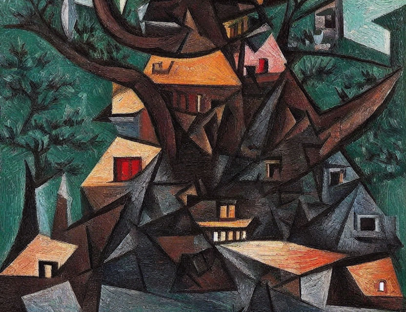 Geometric Cubist Village Painting in Dark Earth Tones