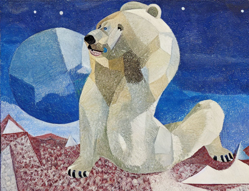 Curious polar bear on snowy ground under starry night sky