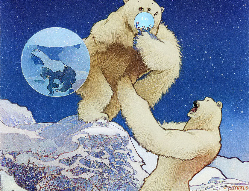 Two polar bears blowing bubble with bear inside, under starry sky.