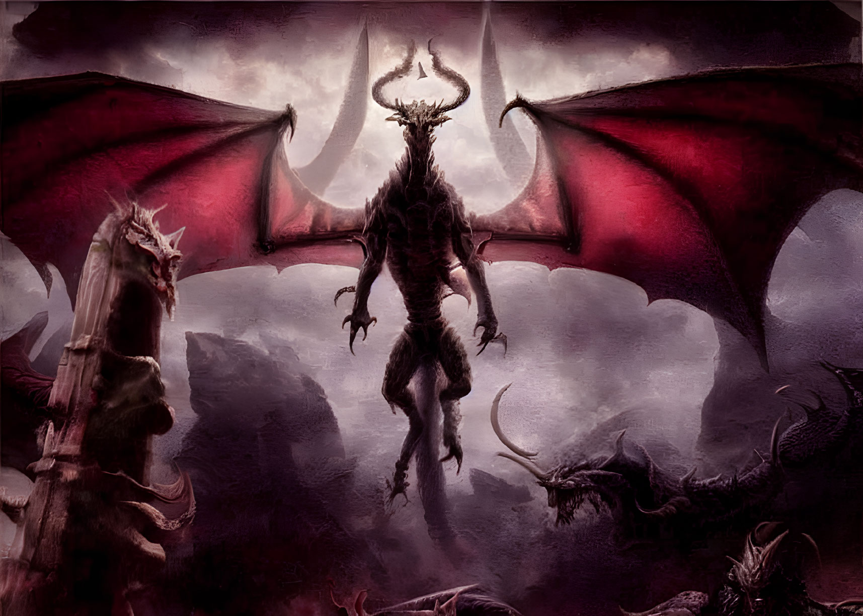 Winged creature with horns in dark, mythic setting among dragons