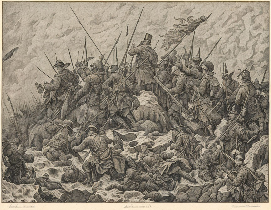 19th-Century Military Battle Scene Etching with Soldiers and Smoke