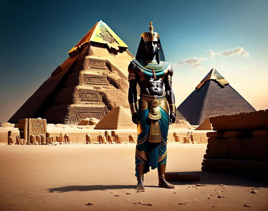 Digital artwork: Ancient Egyptian pharaoh in traditional attire at Great Pyramids.