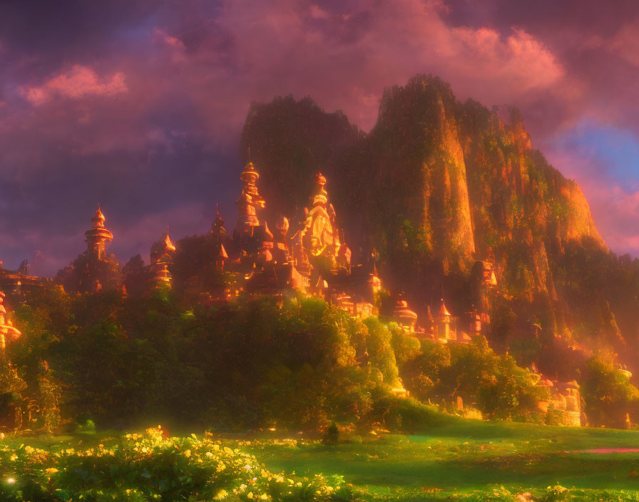 Mystical illuminated castle on lush mountain under purple sky