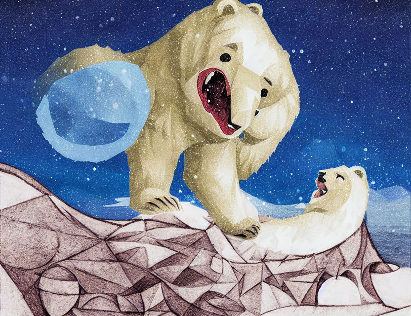 Two polar bears in night sky with crescent moon