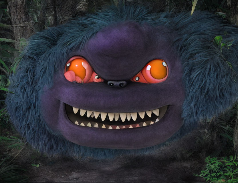 Purple Furry Creature with Orange Eyes and Sharp Teeth Peeking from Jungle Foliage