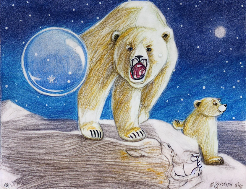 Detailed Hand-Drawn Angry Polar Bear with Cub and Full Moon Illustration