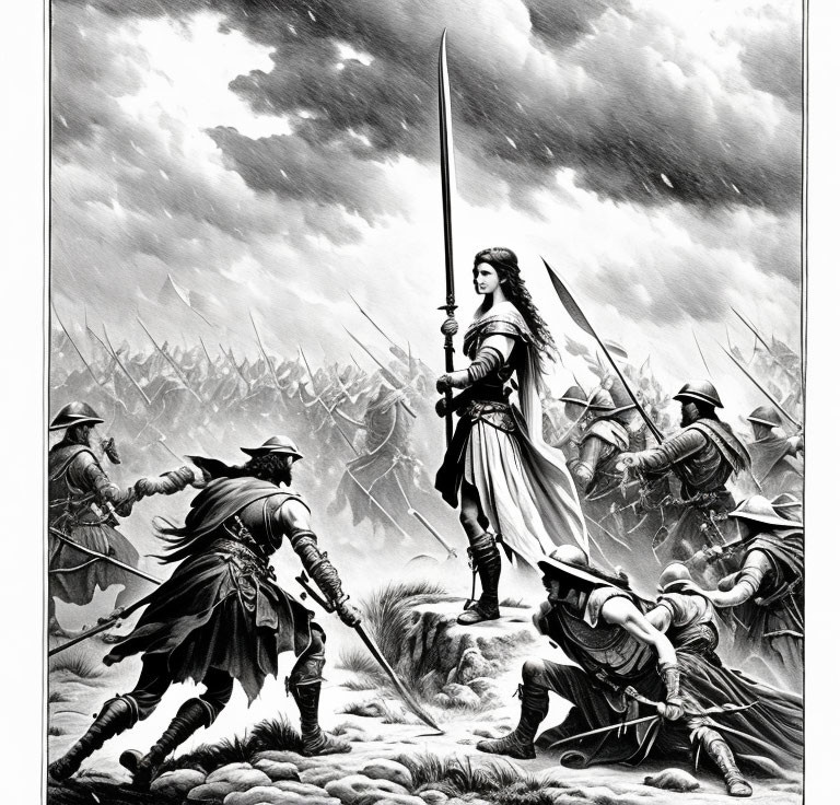 Monochrome illustration of woman with raised sword in battle scene