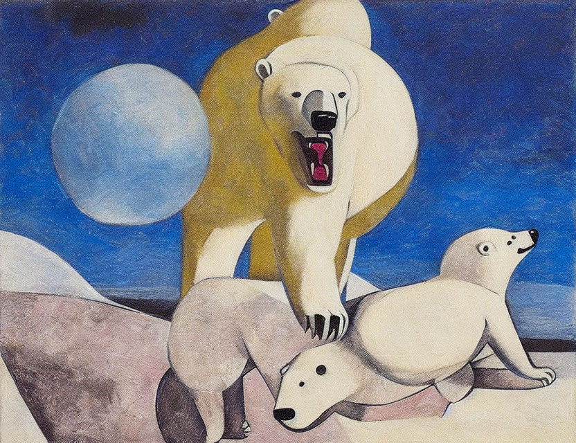 Polar bears painting in icy landscape with moon