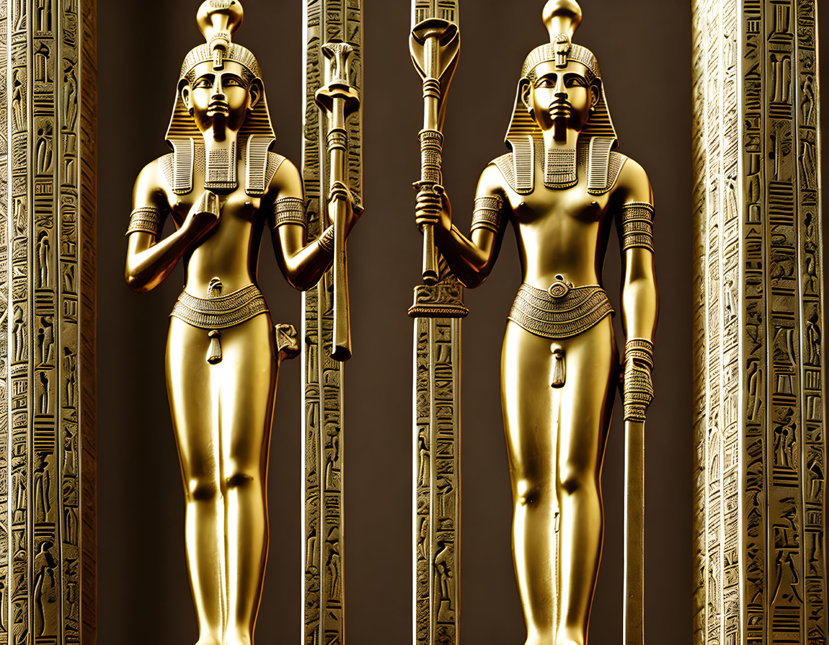 Golden Egyptian Pharaoh Statues with Hieroglyph Pillars