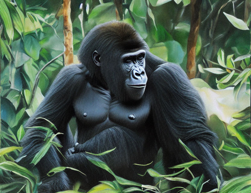 Realistic gorilla painting in green foliage.