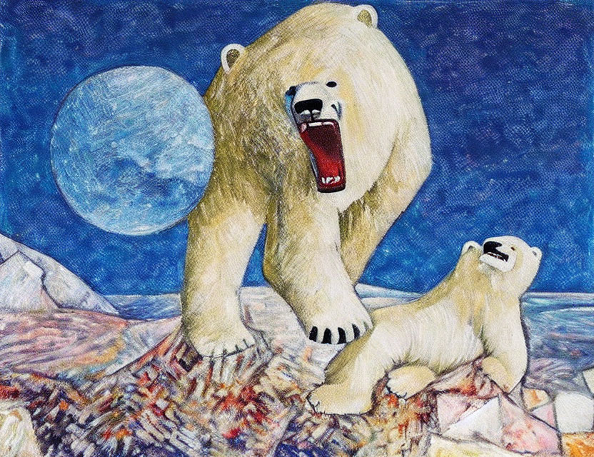 Polar bears on icy terrain under full moon