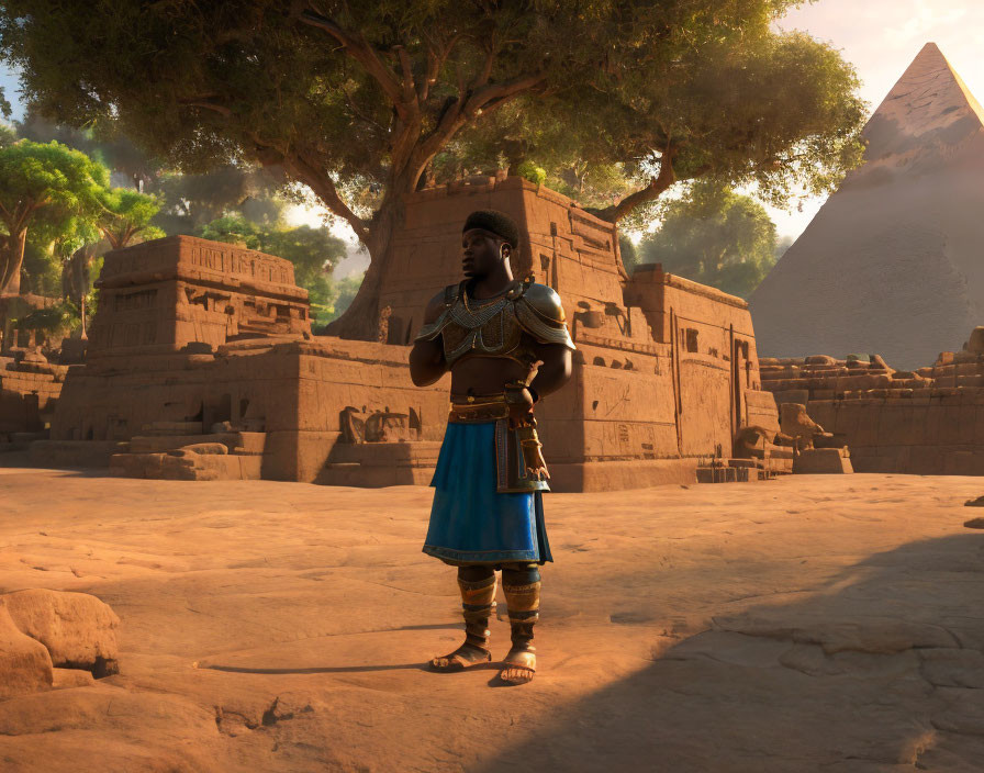 Animated warrior in ancient Egyptian attire near pyramid and temple with palm trees and sunlight