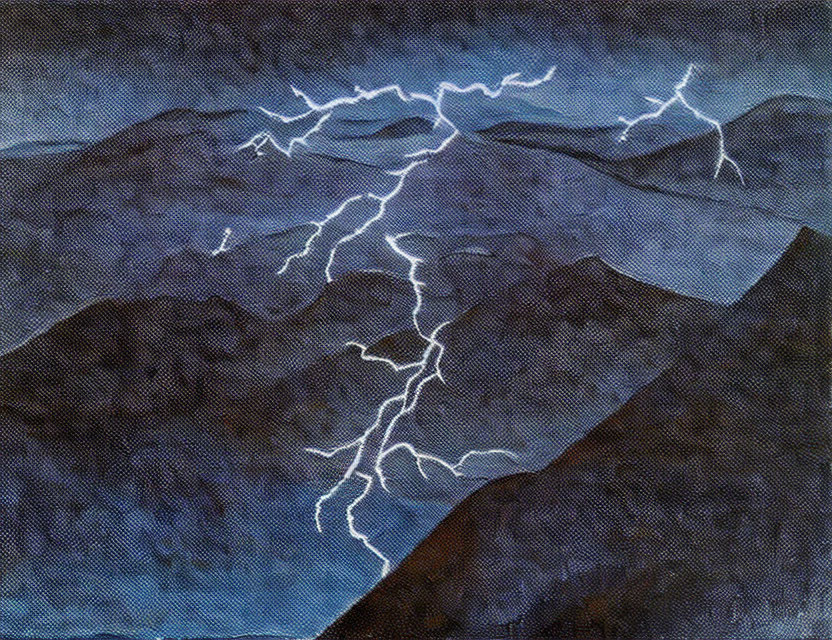 Stormy Night Painting: Lightning Strikes Over Mountains