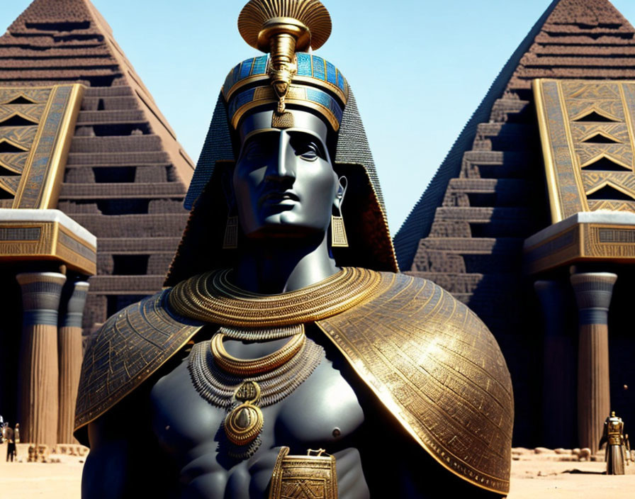 Digital rendering of pharaoh statue with pyramids in the background