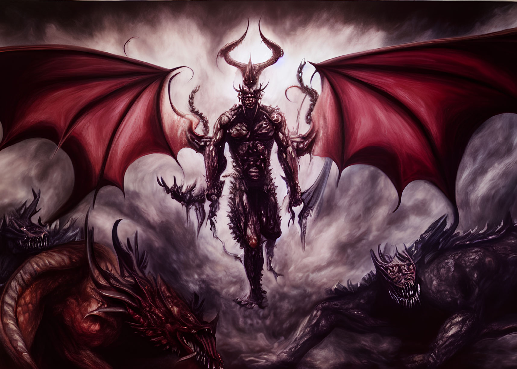 Menacing horned figure with wings and dragons in dark fantasy scene