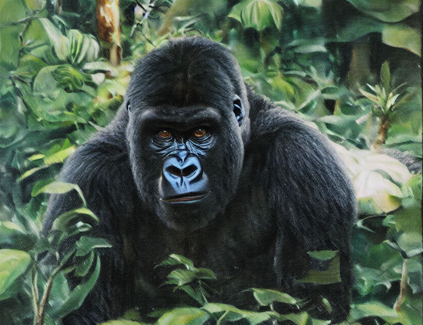 Gorilla face close-up in lush jungle setting