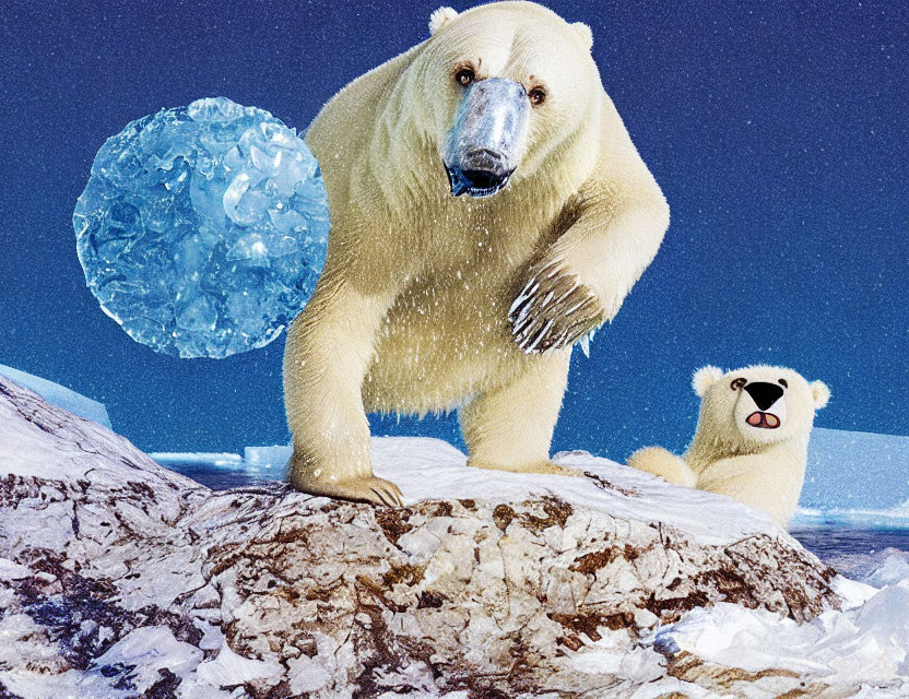 Polar bear with blue globe and cub in icy landscape