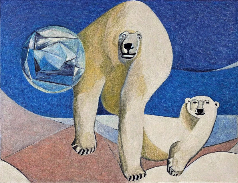 Stylized polar bears with abstract geometric shape on blue background