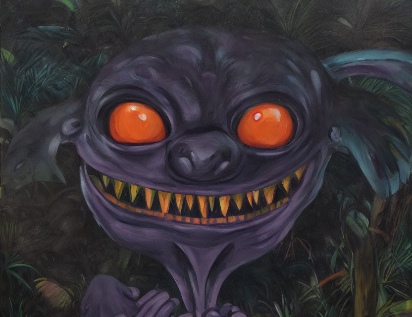 Purple-skinned creature with sharp teeth and orange eyes in dark foliage.