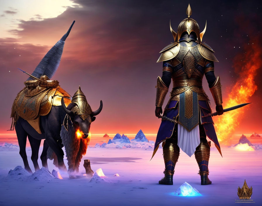 Fantasy scene: Warrior in blue armor with flaming sword beside glowing-horned bull in icy landscape