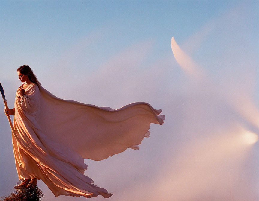 Robed Figure Statue Against Comet-Like Sky