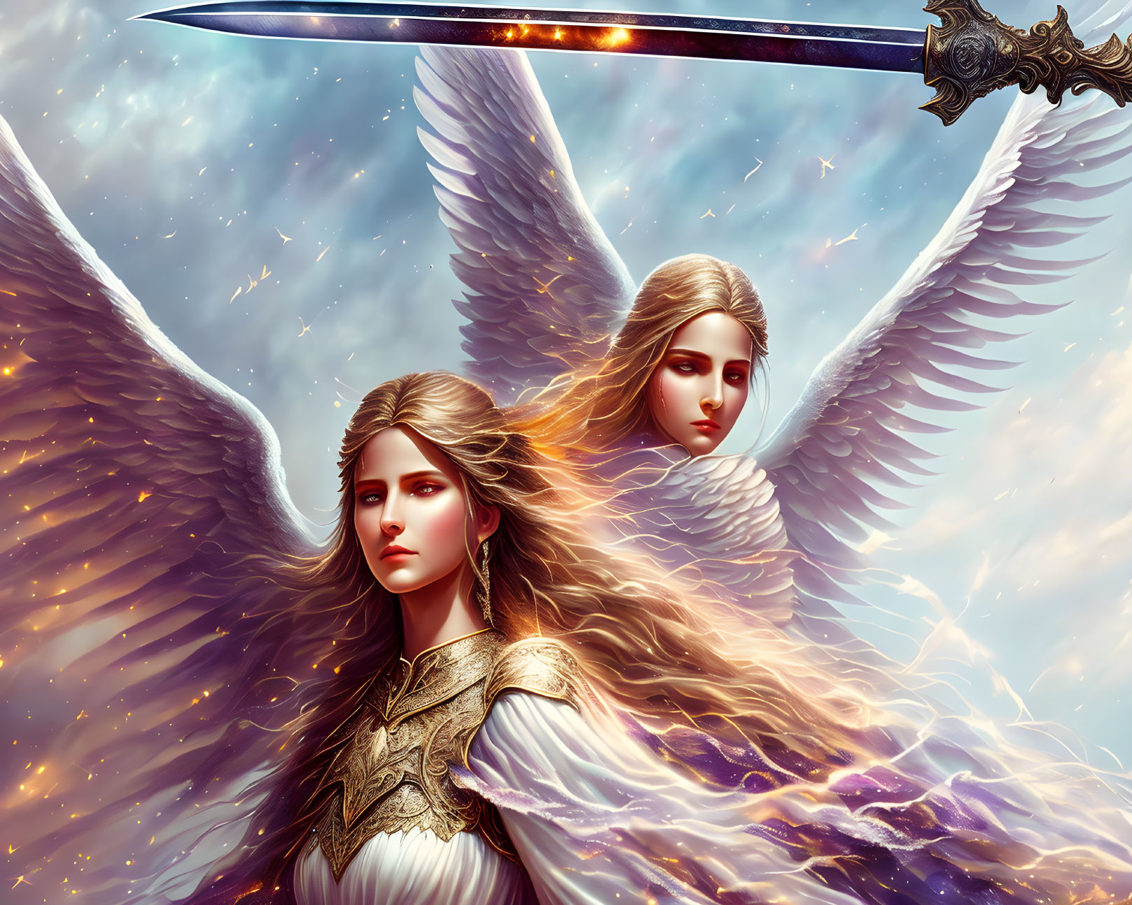 Celestial backdrop featuring two angelic figures in ornate armor with swords