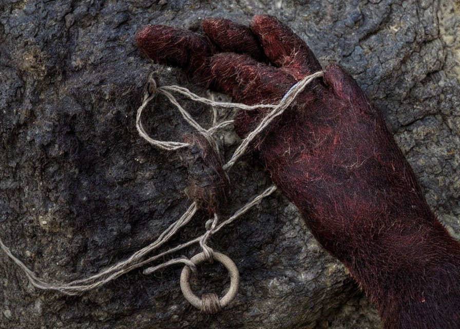 Dark Red Hand with White String on Rugged Background