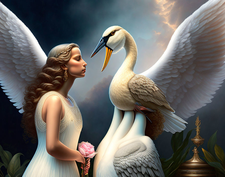 Woman with angelic wings holding pink rose beside large bird against dark sky.