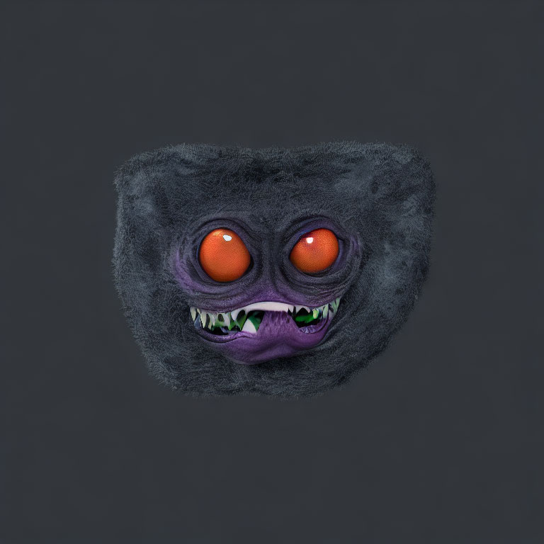 Orange-eyed furry creature with sharp teeth and purple face on grey background