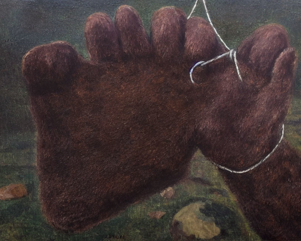 Detailed close-up of bear paw with white string against earthy background