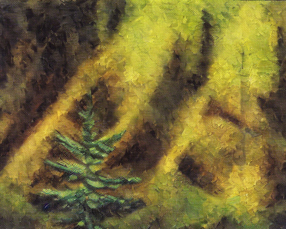 Impressionist-style forest painting with green pine tree and golden background