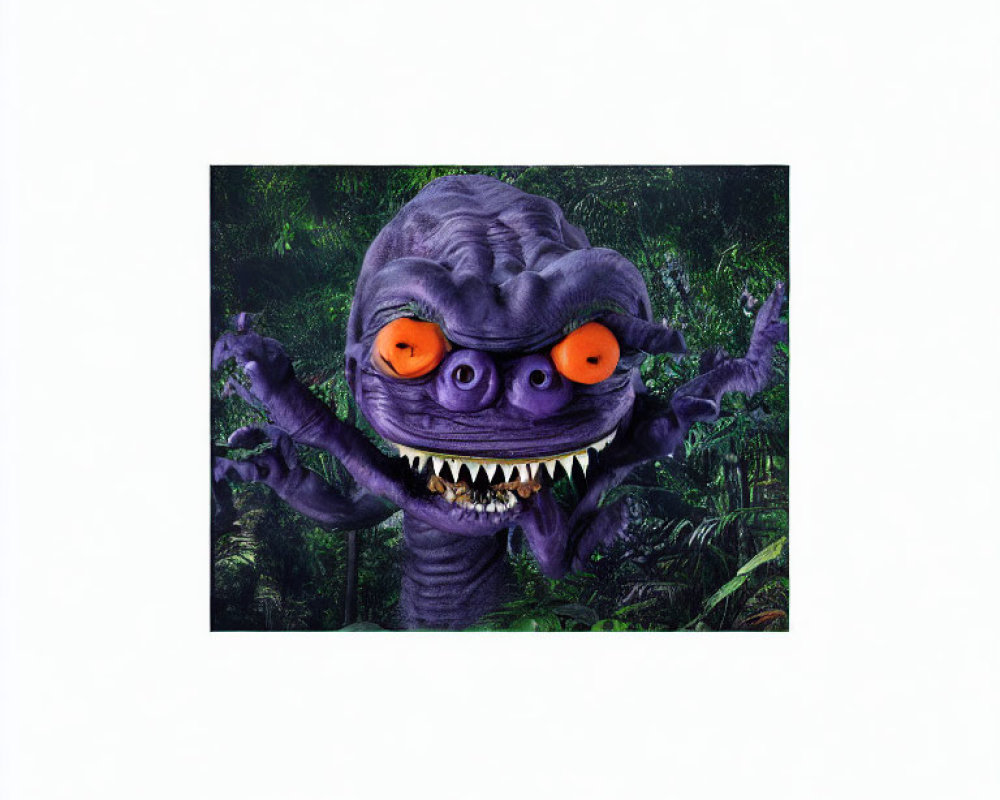 Purple animated monster with sharp teeth in lush green jungle