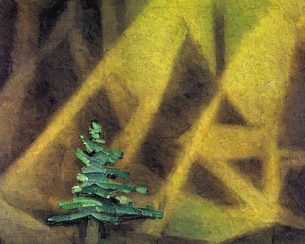 Textured green tree in abstract painting with angular yellow and brown shapes