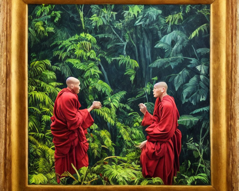 Monks in red robes exchanging plant stem in lush green jungle setting