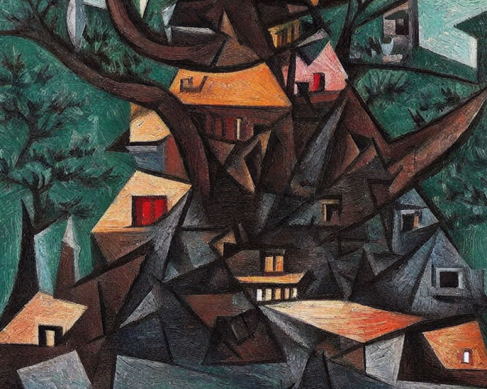 Geometric Cubist Village Painting in Dark Earth Tones