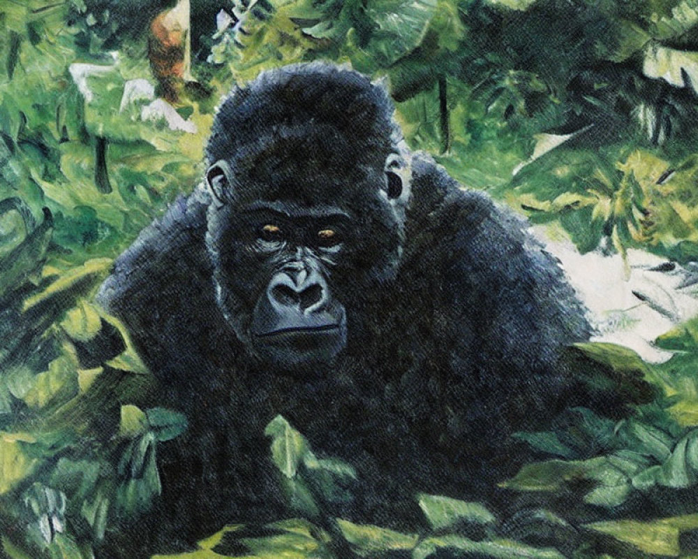 Gorilla in Green Foliage with Intense Eyes