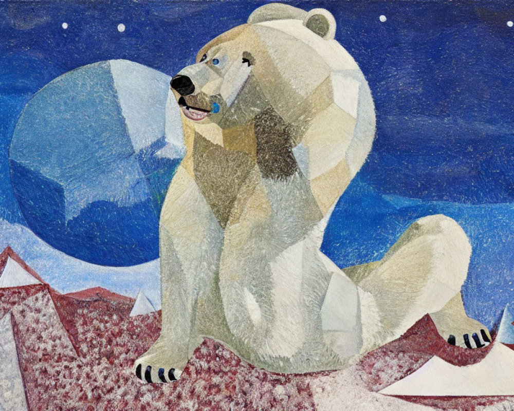 Curious polar bear on snowy ground under starry night sky