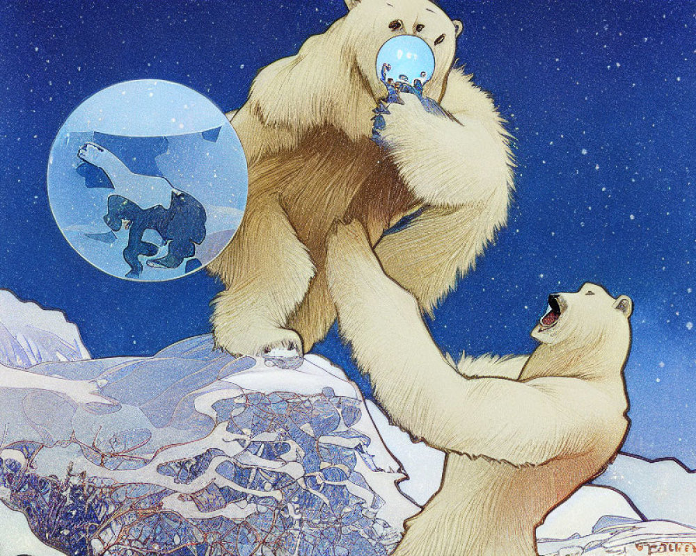 Two polar bears blowing bubble with bear inside, under starry sky.