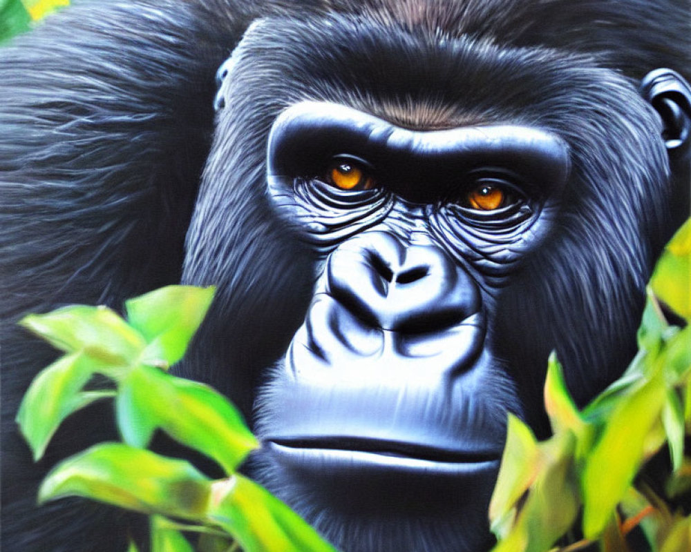 Detailed gorilla face painting among green leaves