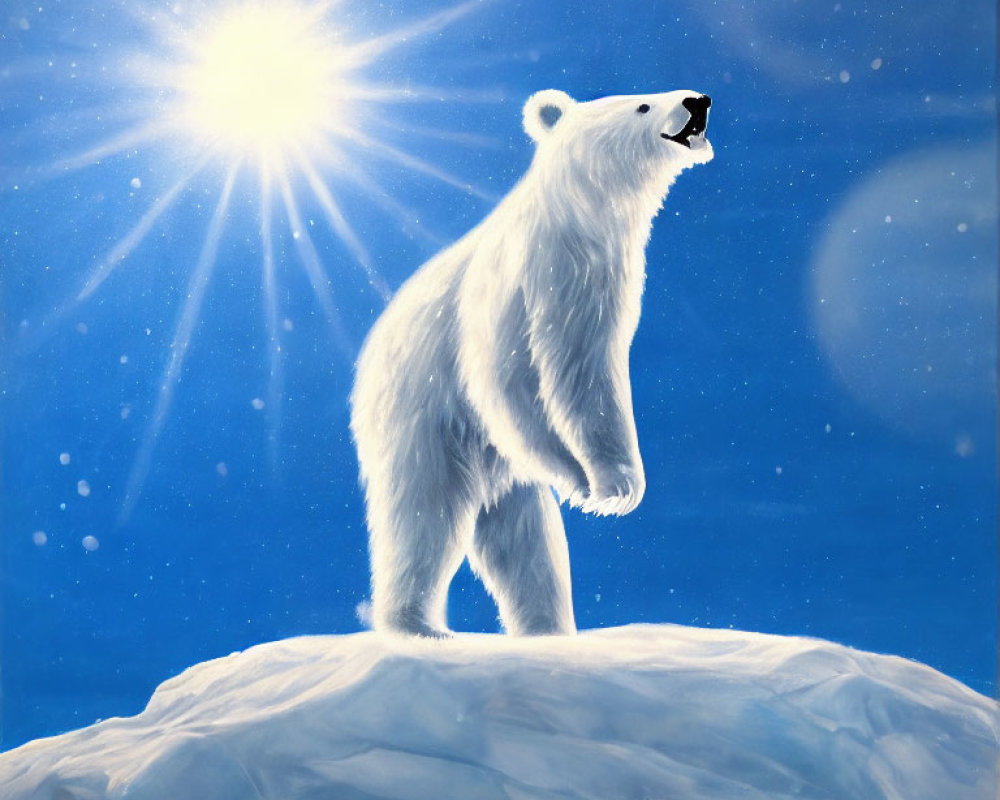 Polar bear on icy mound under bright sun and clear sky