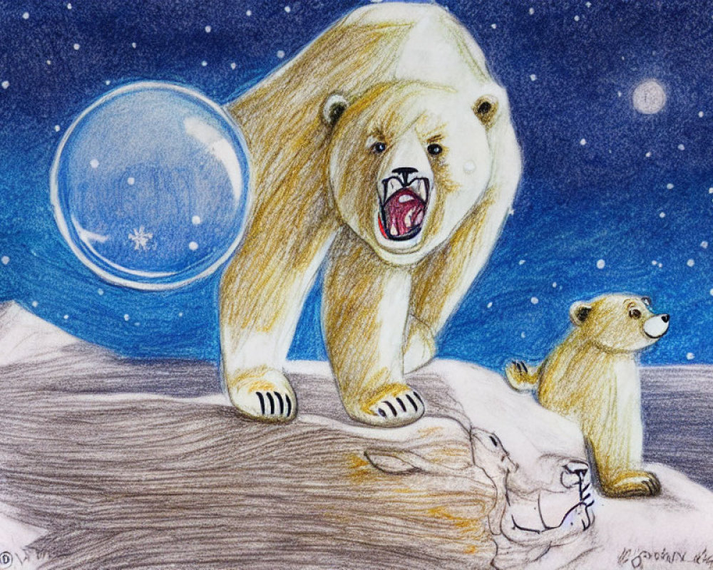 Detailed Hand-Drawn Angry Polar Bear with Cub and Full Moon Illustration