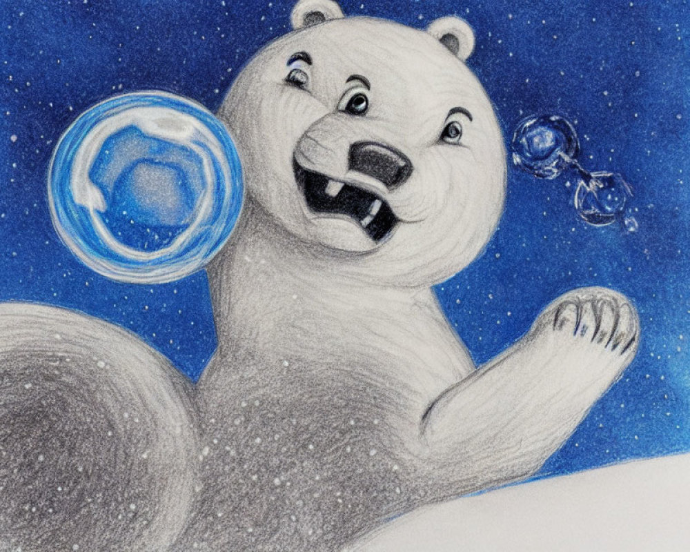 Playful Polar Bear Blows Shimmering Soap Bubble in Snowy Night Sky