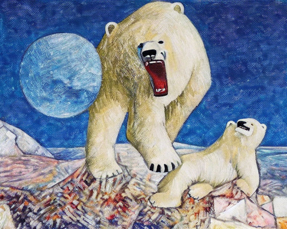 Polar bears on icy terrain under full moon