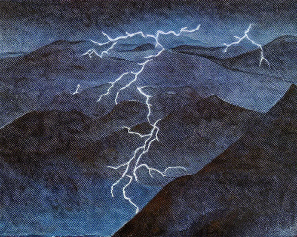 Stormy Night Painting: Lightning Strikes Over Mountains